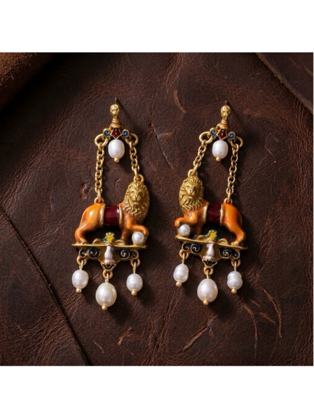 VTG Antique Lion Pearl Chandelier Earrings Gold Museum Animal Flower Medieval